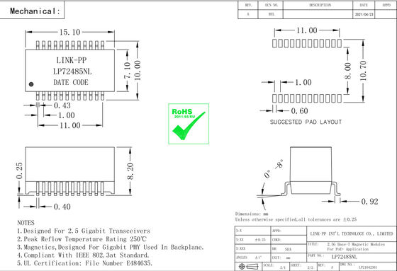 QT24A154P 2.5G Base-T PoE + โมดูลแม่เหล็ก Lan LP72485NL