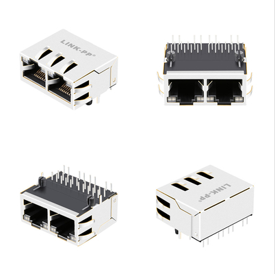 1000 Base-T Tab Up 1x2 Port Rj45 Jack พร้อม Magnetics 1840572-6 พร้อมไฟ LED GY / GY