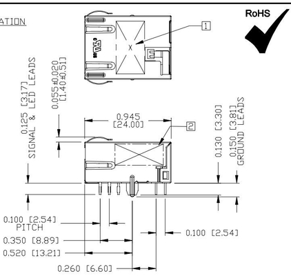 L836-121T-KE 5G Base-T แท็บลง 1X1 พอร์ต Rj45 Magjack Connector ป้องกันด้วย Gy / G Led