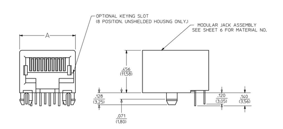 432026101 6p6c 1X1 พอร์ต PCB แจ็คโมดูลาร์มุมขวา Tab Down NO LED